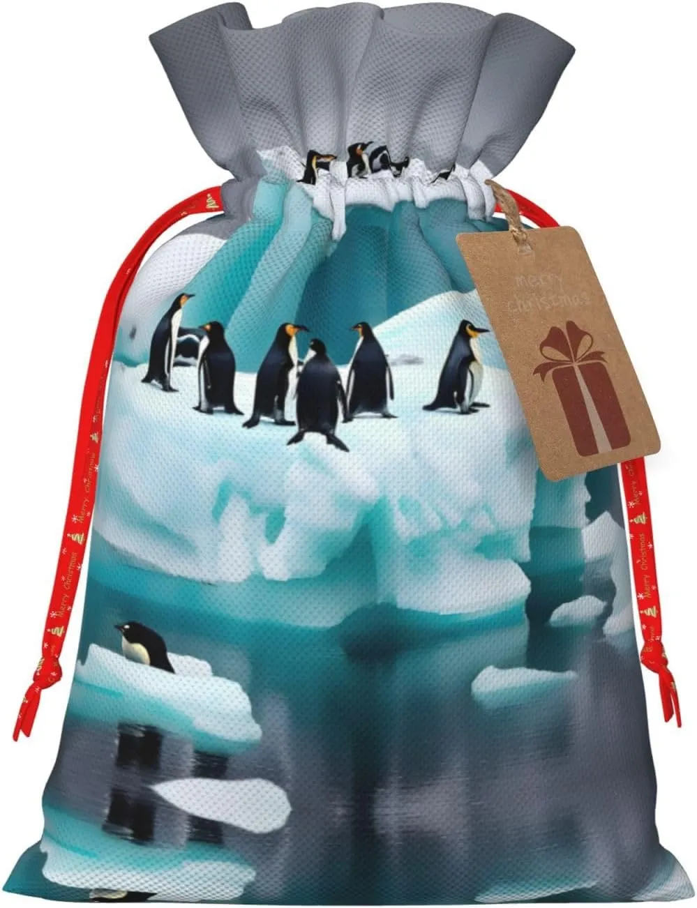 ZISHAK Penguins On The Iceberg Delicate Burlap Drawstring Gift Bag-Artisanal Fabric Gift Bag Perfect For Christmas