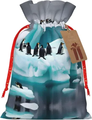 ZISHAK Penguins On The Iceberg Delicate Burlap Drawstring Gift Bag-Artisanal Fabric Gift Bag Perfect For Christmas