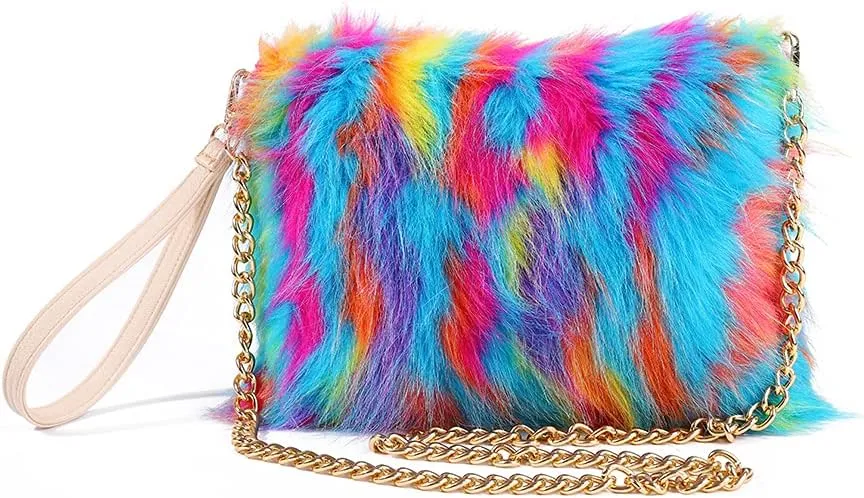 ZOSCGJMY Evening Faux Fur Handbags for Women Furry Fluffy Fuzzy Bags Purse Crossbody Shoulder Strap