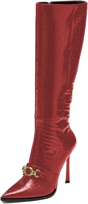 Zszszsu Women's Fashion Pointed Toe Crocodile Print Knee High Boots Sexy Chain Strap Stiletto High Heel Long Boot Zipper Party Fall Shoes Size 4-16 US