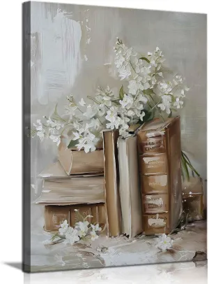 ZYGARTEQ Vintage Flower Books Canvas Wall Art Spring Floral Prints Light Academia Aesthetic Wall Decor Pictures Antique Cottagecore Artwork for Bedroom Living Room Gallery Decoration 12x16in