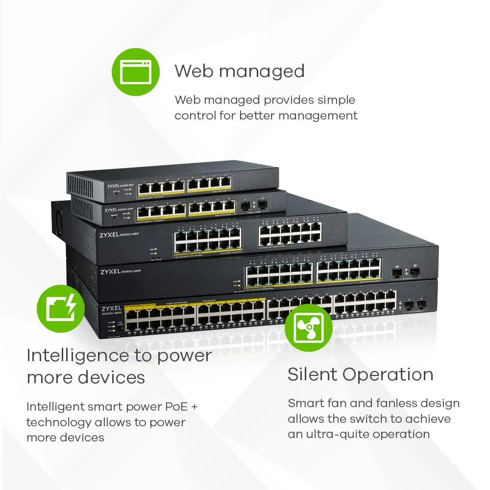 Zyxel 24-Port PoE Gigabit Switch | Smart-Managed | 12x PoE  @130W | Rackmount [GS1900-24EP]